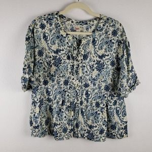 Faherty Women's Size M Shirt Sleeve Salinas Top‎ Blue Baroque Floral 100% Linen
